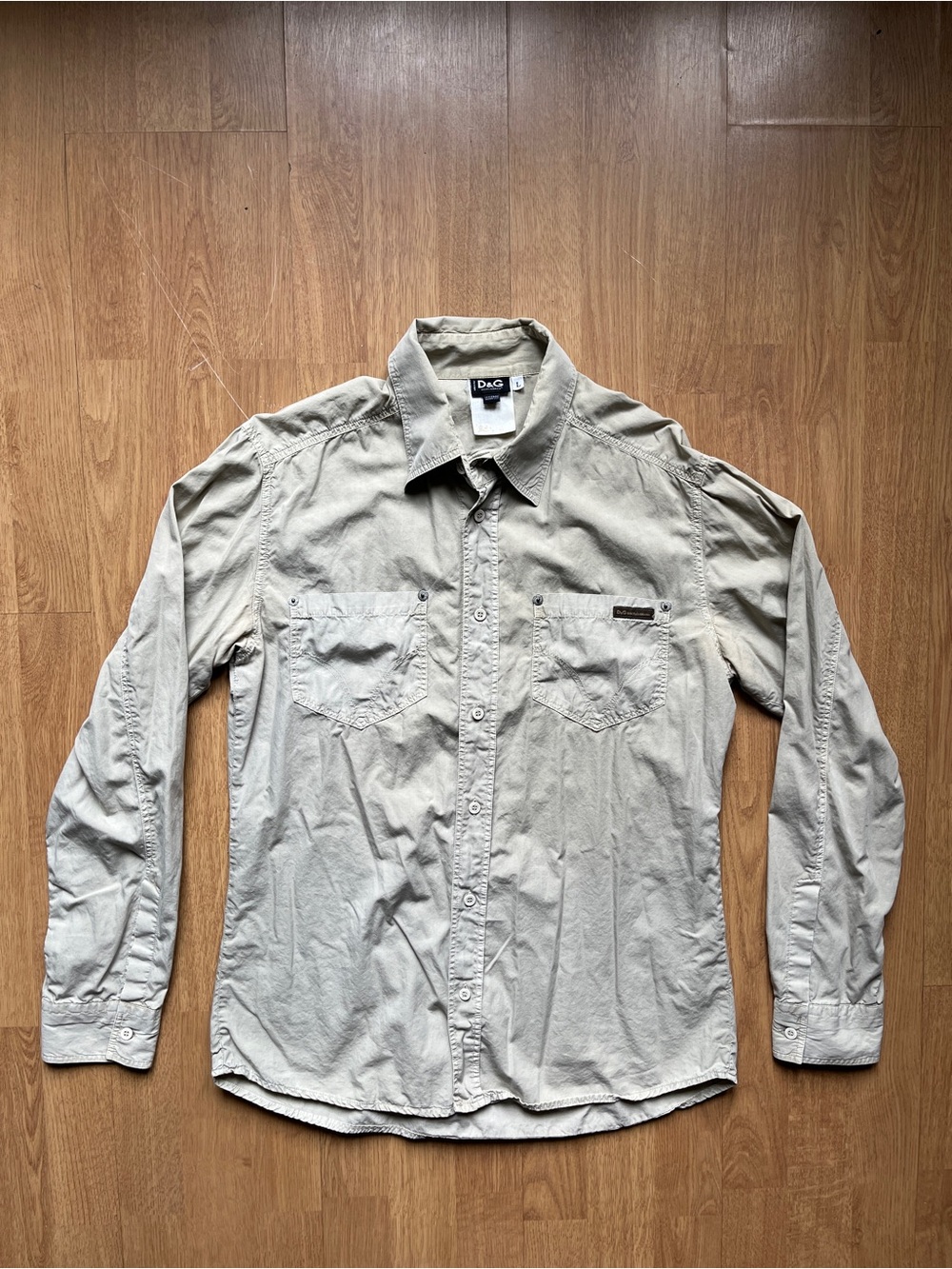 Dolce & Gabbana D&G Embroidered Beige Collared Button-Up Shirt - Men’s Large